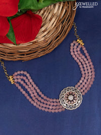 Beaded baby pink multilayer choker with cz stones without earring