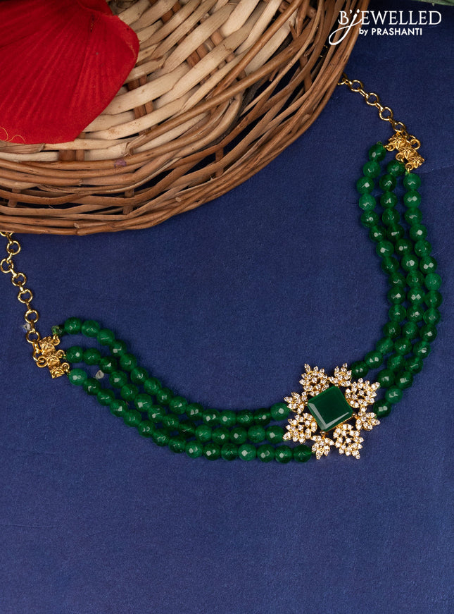 Beaded emerald triple layer choker with cz stones without earring