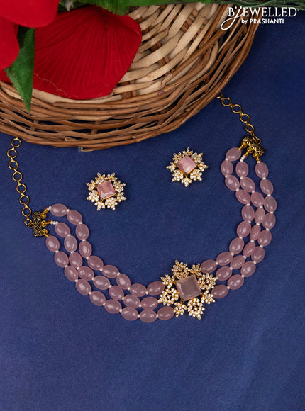 Beaded baby pink triple layer choker with cz stones