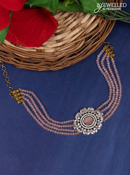 Beaded baby pink multilayer choker with cz stones without earring