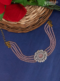 Beaded baby pink multilayer choker with cz stones without earring