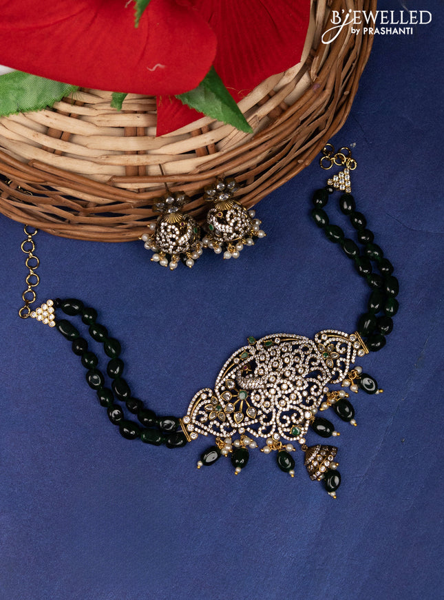 Beaded emerald double layer choker with cz stones and beads hanging