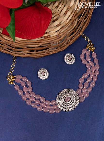 Beaded baby pink triple layer choker with cz stones