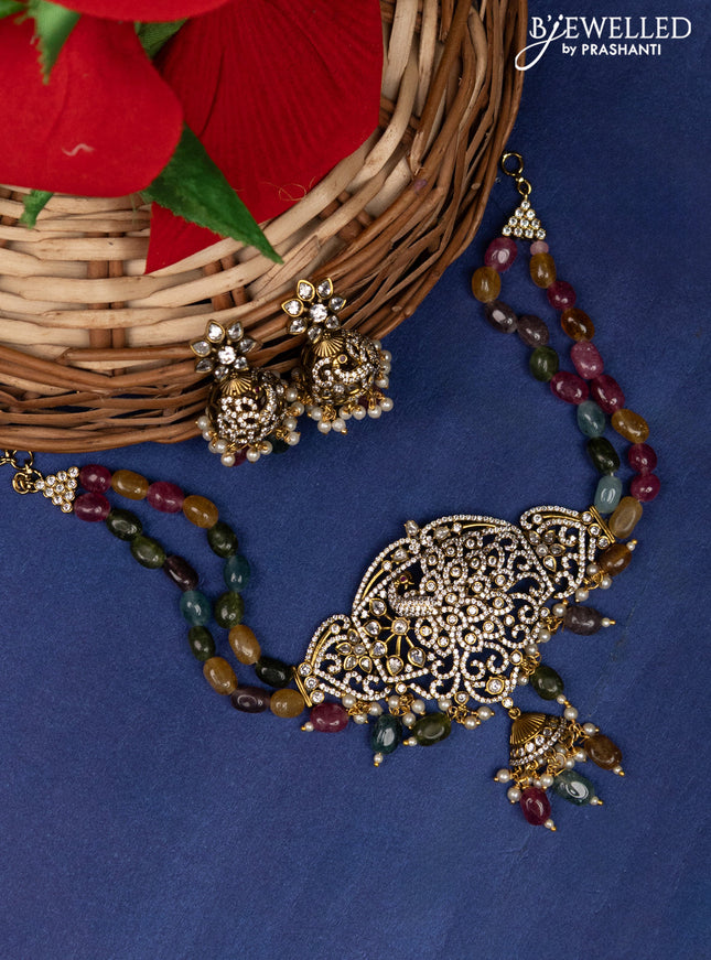 Beaded multicolor double layer peacock design choker with cz stones and beads hanging