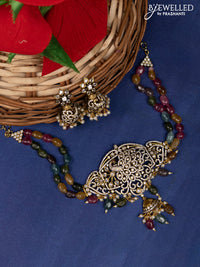 Beaded multicolor double layer peacock design choker with cz stones and beads hanging