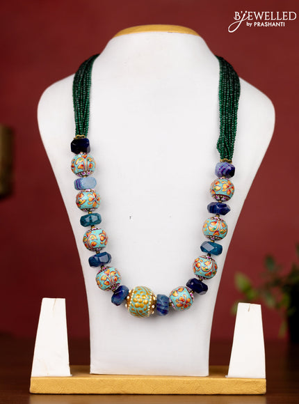 Jaipur green beaded necklace with blue stone minakari balls without earrings