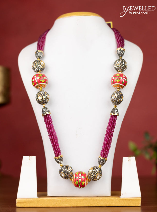 Jaipur crystal beaded magenta pink necklace with minakari balls without earrings