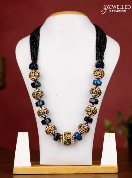 Jaipur black crystal beaded necklace with blue minakari balls without earrings