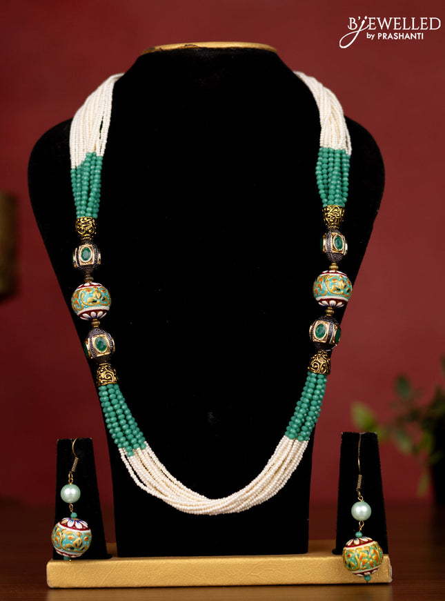Jaipur teal green crystal and pearl necklace minakari balls
