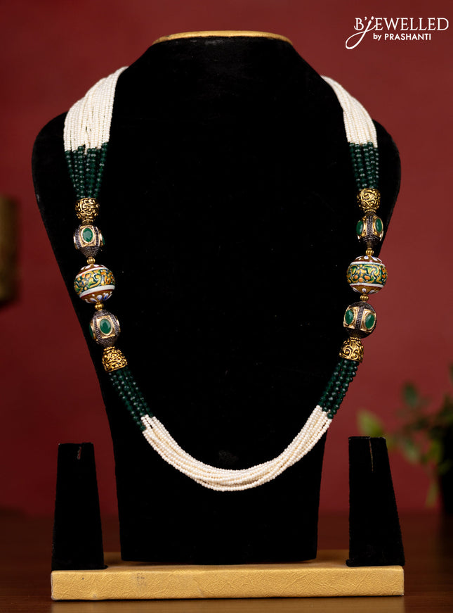Jaipur dark green crystal and pearl necklace minakari balls