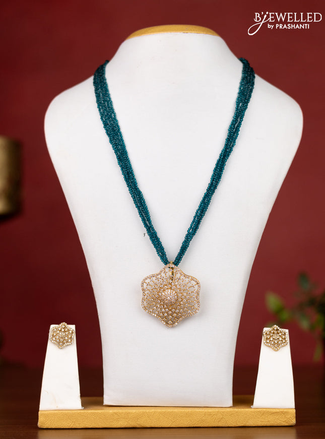 Jaipur crystal beaded multilayer blue necklace with cz stone pendant