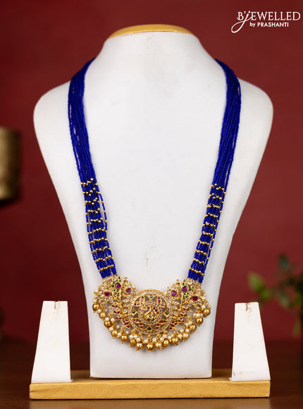 Jaipur crystal beaded multilayer blue haaram with peacock design pendant without earrings