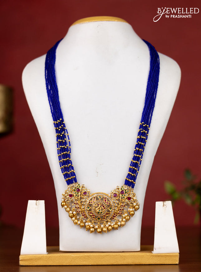 Jaipur crystal beaded multilayer blue haaram with peacock design pendant without earrings