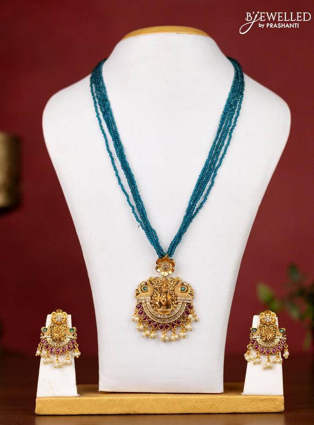 Jaipur crystal beaded multilayer teal blue necklace with krishna pendant  without earrings