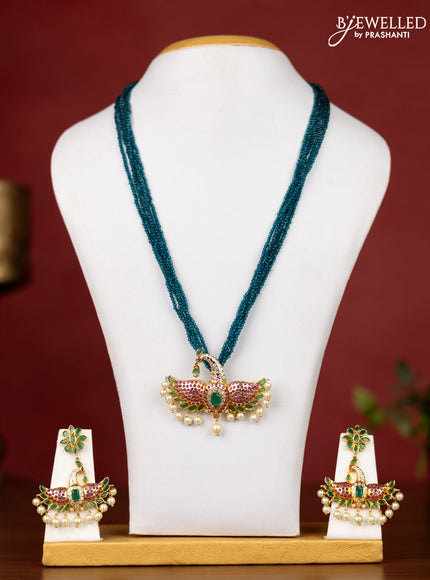 Jaipur crystal beaded multilayer teal blue necklace with peacock pendant