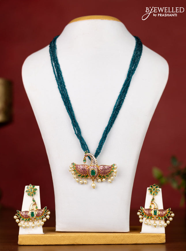 Jaipur crystal beaded multilayer teal blue necklace with peacock pendant