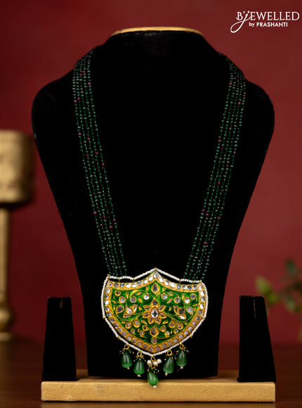 Jaipur crystal beaded dark green length necklace with minakari pendant and hangings without earrings