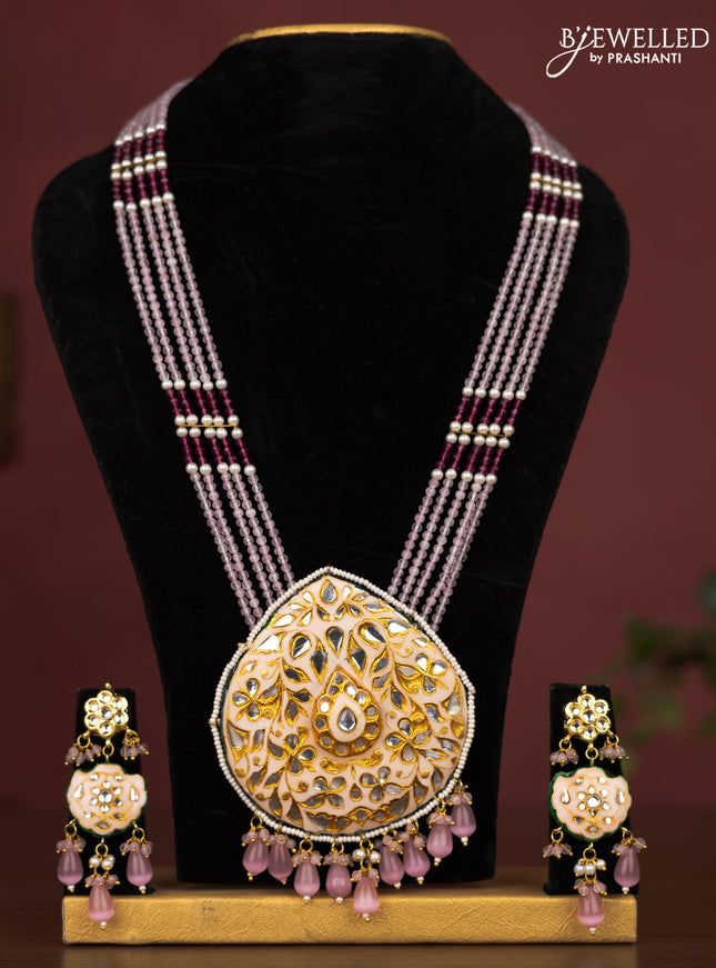 Jaipur crystal beaded baby pink length necklace with minakari pendant and hangings