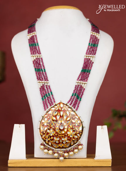 Jaipur crystal beaded magenta pink length necklace with minakari pendant and hangings without earrings