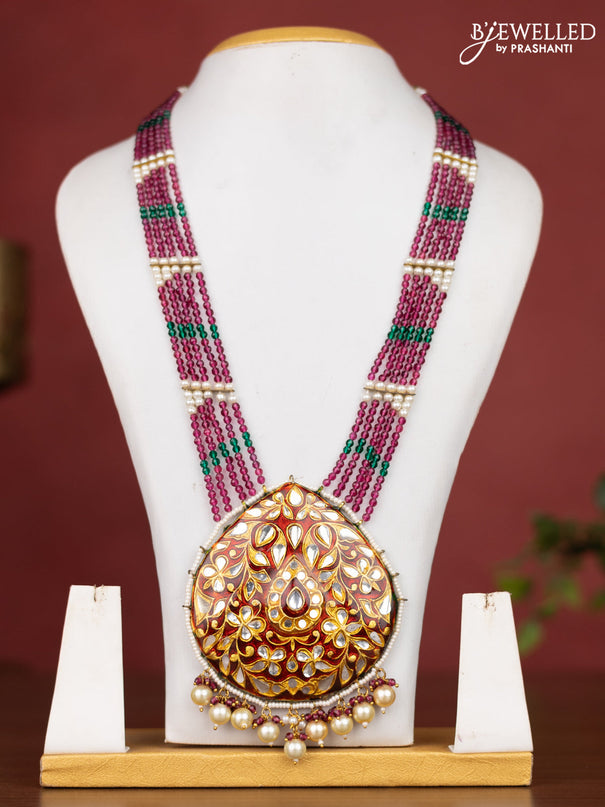 Jaipur crystal beaded magenta pink length necklace with minakari pendant and hangings without earrings