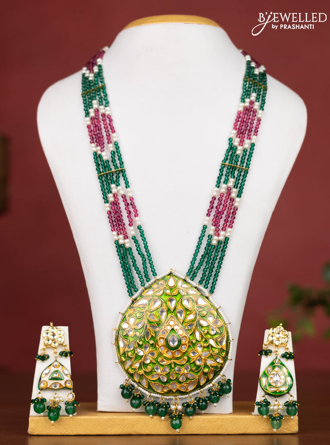 Jaipur crystal beaded multicolour length necklace with minakari pendant and hangings