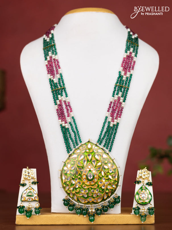 Jaipur crystal beaded multicolour length necklace with minakari pendant and hangings
