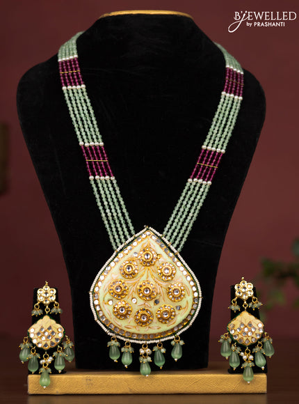 Jaipur crystal beaded mint green length necklace with minakari pendant and hangings
