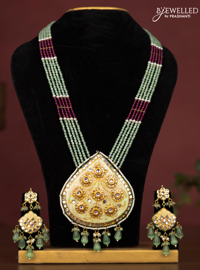 Jaipur crystal beaded mint green length necklace with minakari pendant and hangings