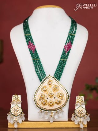 Jaipur crystal beaded dark green length necklace with minakari pendant and hangings