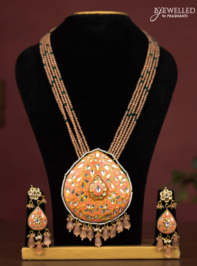 Jaipur crystal beaded peach length necklace with minakari pendant and hangings