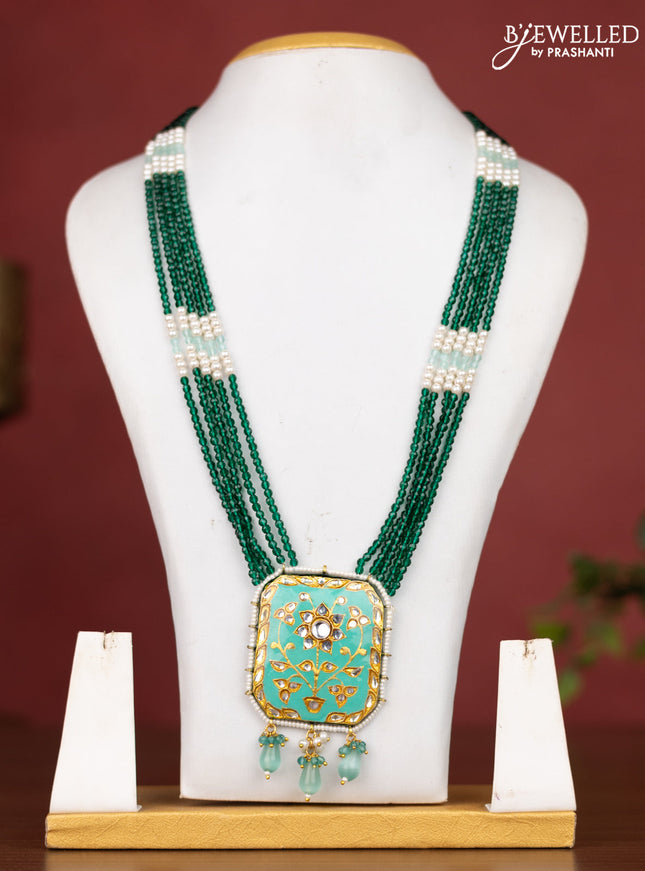 Jaipur crystal beaded dark green length necklace with minakari pendant and hangings without earrings