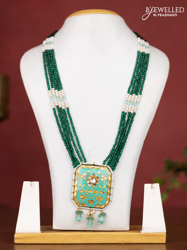 Jaipur crystal beaded dark green length necklace with minakari pendant and hangings without earrings