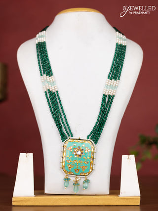 Jaipur crystal beaded dark green length necklace with minakari pendant and hangings without earrings