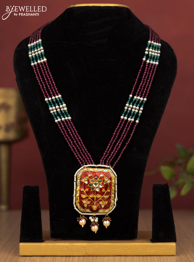 Jaipur crystal beaded magenta length necklace with minakari pendant and hangings without earrings