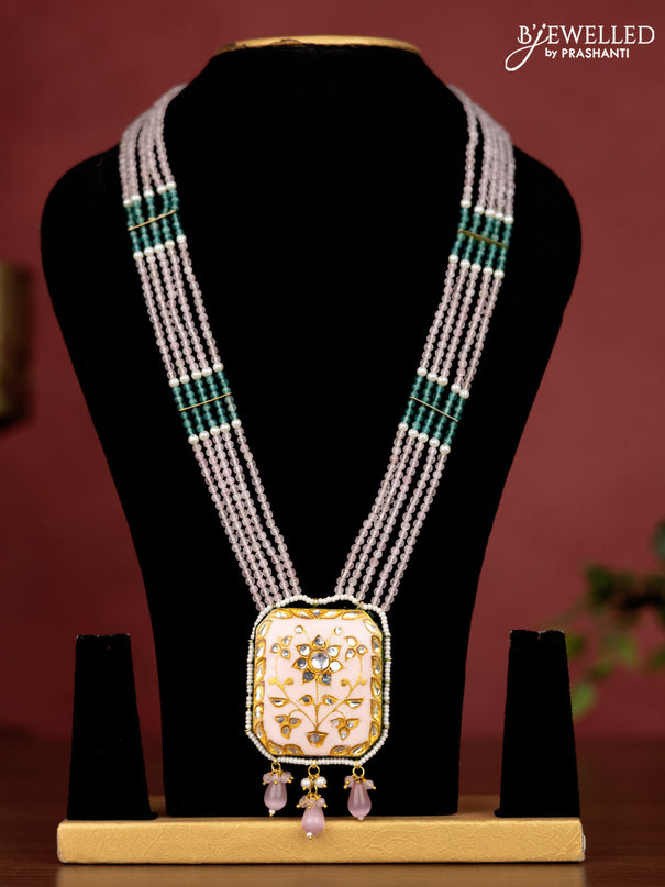 Jaipur crystal beaded baby pink length necklace with minakari pendant and hangings without earrings
