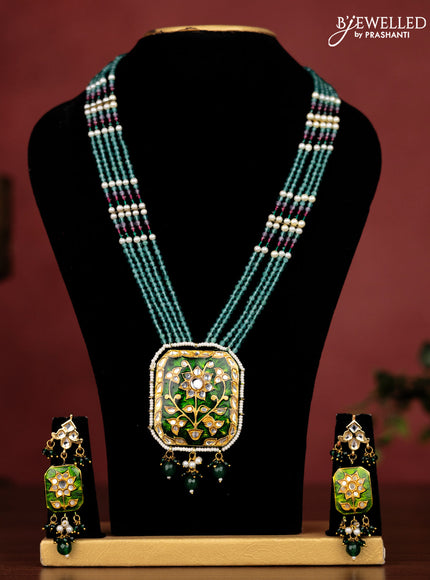 Jaipur crystal beaded teal green length necklace with minakari pendant and hangings