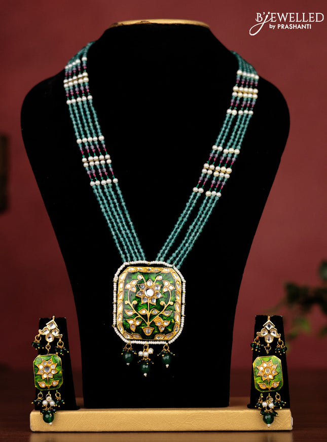 Jaipur crystal beaded teal green length necklace with minakari pendant and hangings