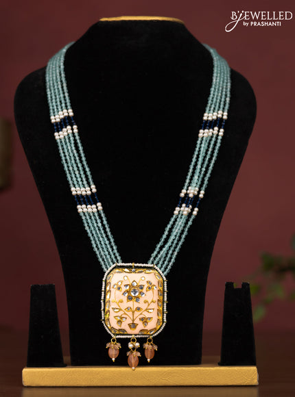 Jaipur crystal beaded teal green length necklace with minakari pendant and hangings without earrings