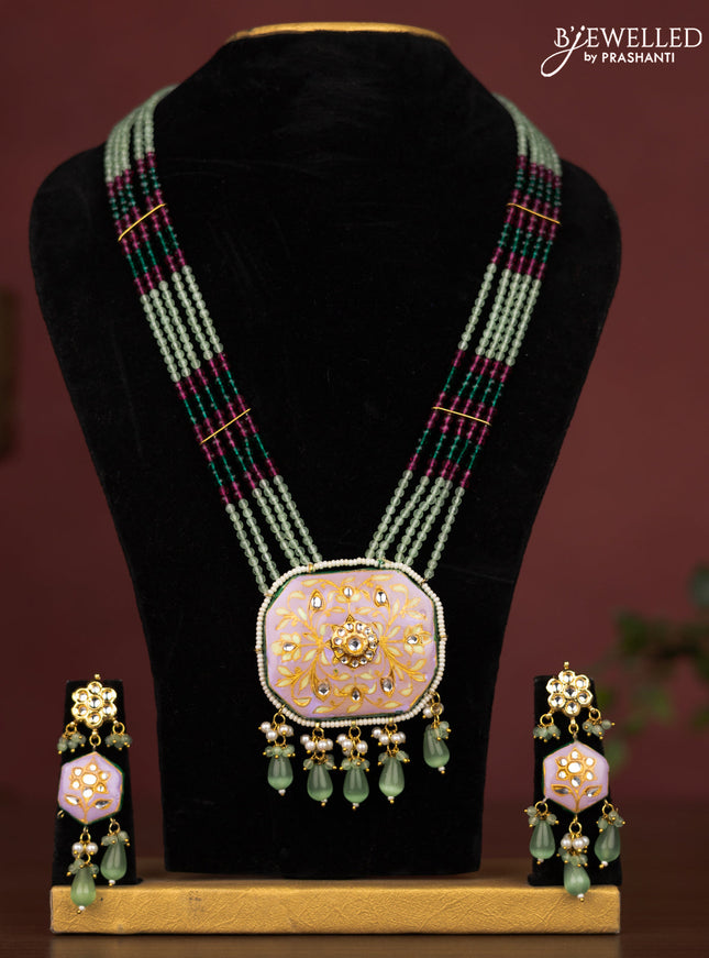 Jaipur crystal beaded mint green length necklace with minakari pendant and hangings