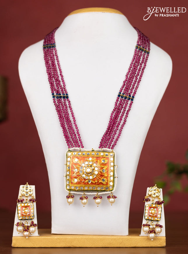 Jaipur crystal beaded magenta pink length necklace with minakari pendant and hangings