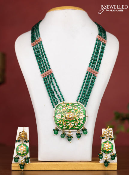 Jaipur crystal beaded dark green length necklace with minakari pendant and hangings