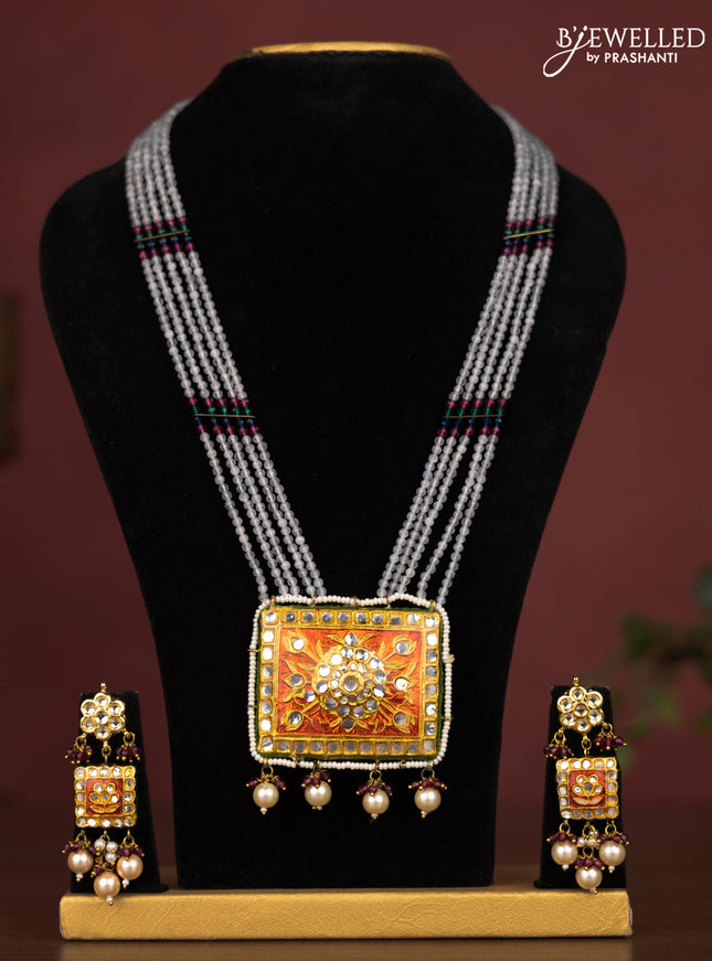 Jaipur crystal beaded grey length necklace with minakari pendant and hangings