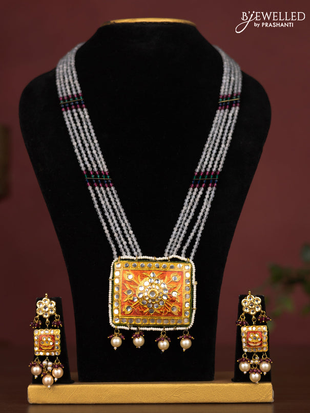 Jaipur crystal beaded grey length necklace with minakari pendant and hangings