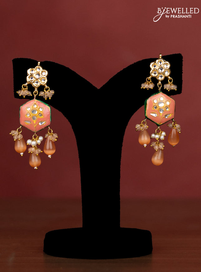 Jaipur crystal beaded peach length necklace with minakari pendant and hangings