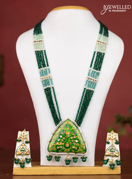 Jaipur crystal beaded dark green length necklace with minakari pendant and hangings
