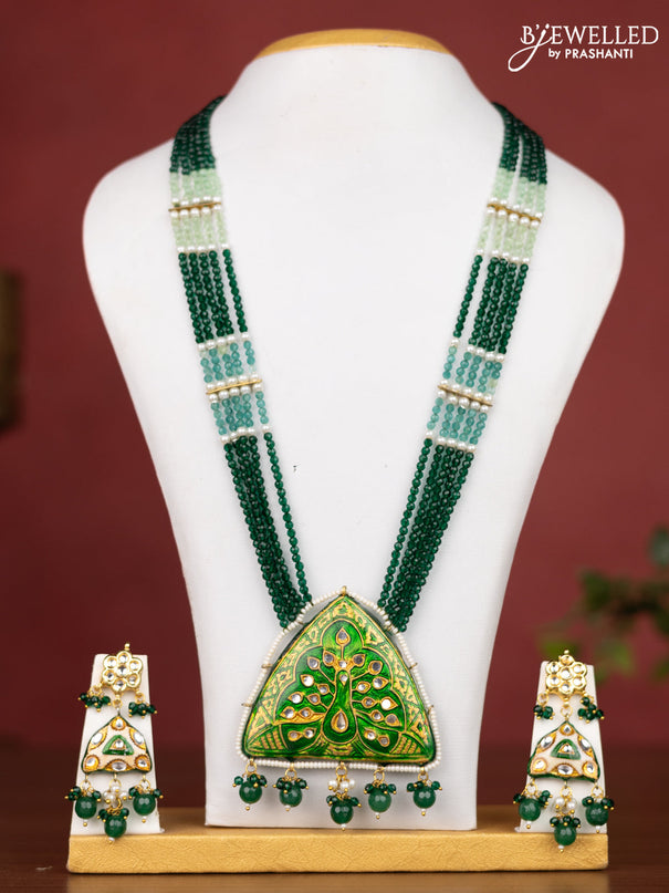 Jaipur crystal beaded dark green length necklace with minakari pendant and hangings