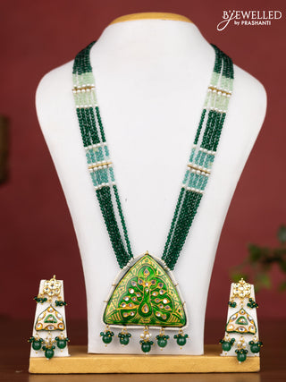 Jaipur crystal beaded dark green length necklace with minakari pendant and hangings