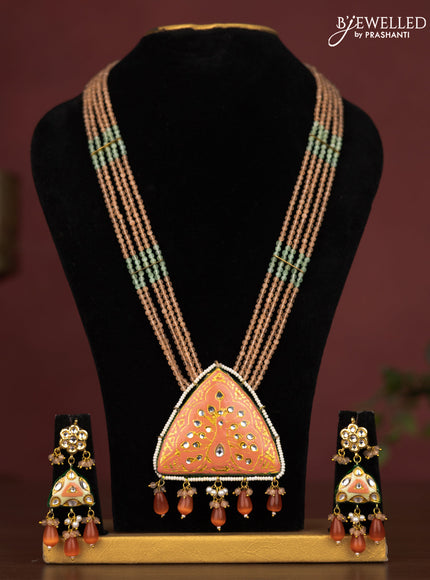 Jaipur crystal beaded peach length necklace with minakari pendant and hangings