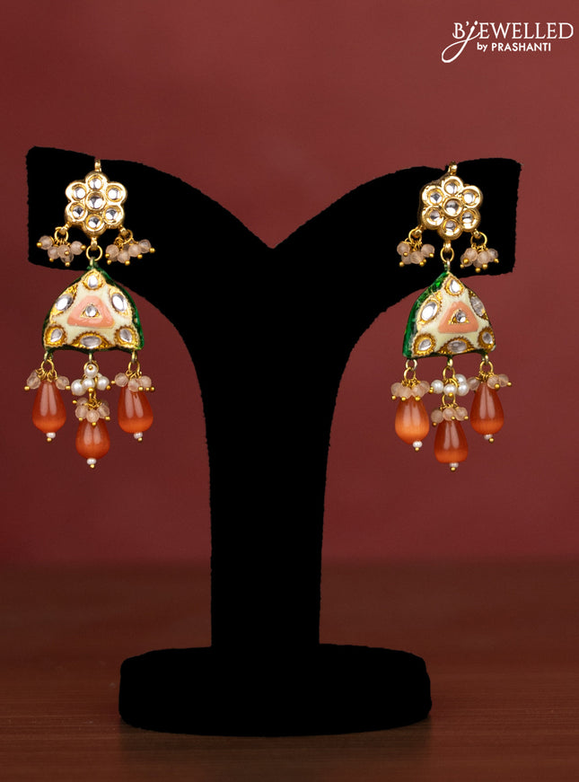 Jaipur crystal beaded peach length necklace with minakari pendant and hangings