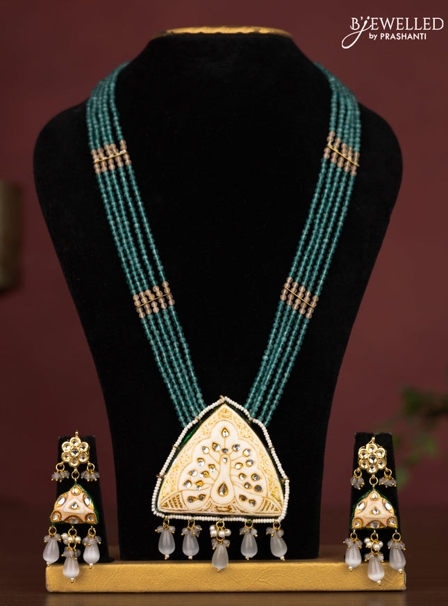 Jaipur crystal beaded teal blue length necklace with minakari pendant and hangings